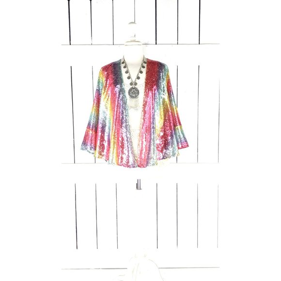 Cropped rainbow striped colorful sequins kimono cover up jacket - Picture 7 of 7